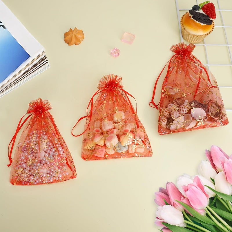 BOEIAC Snowflake Organza Bags, 100 PCS Christmas Sheer Organza Bags with Drawstring 4 x 6 inch, Jewelry Gift Bag, Red Small Mesh Goodies Xmas Wedding Favor Mini Candy Pouches Bag for Christmas Party Favors - Image 3